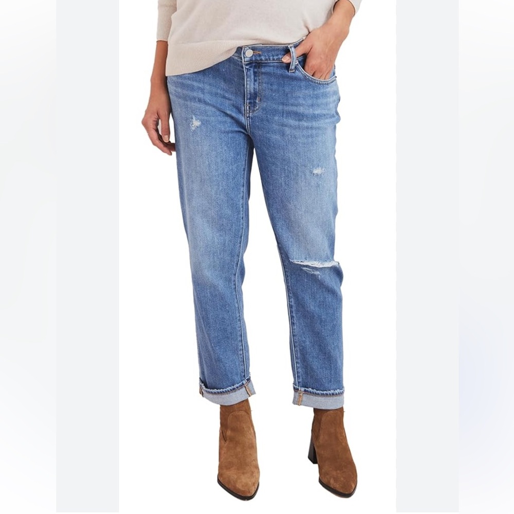 Hatch Medium Blue Distressed Rolled-Cuff Boyfriend Jeans